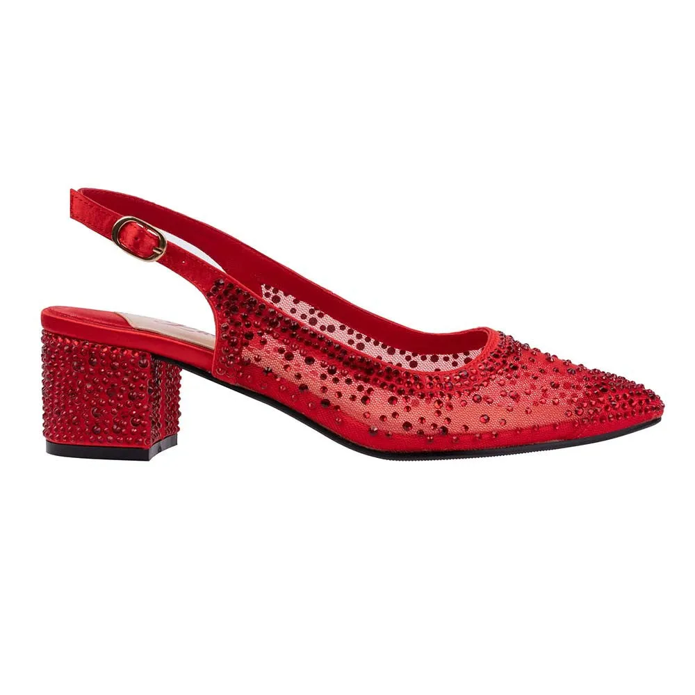 Lady Couture DEMI Red Rhinestone Mesh Slingback Block with 2.5-Inch Heel