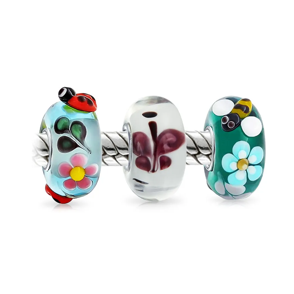 Ladybug Bee Insect Flower Lampwork Murano Glass Bead Charm Silver