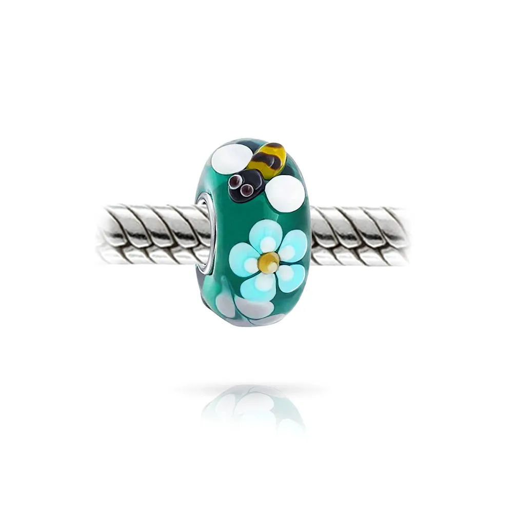 Ladybug Bee Insect Flower Lampwork Murano Glass Bead Charm Silver