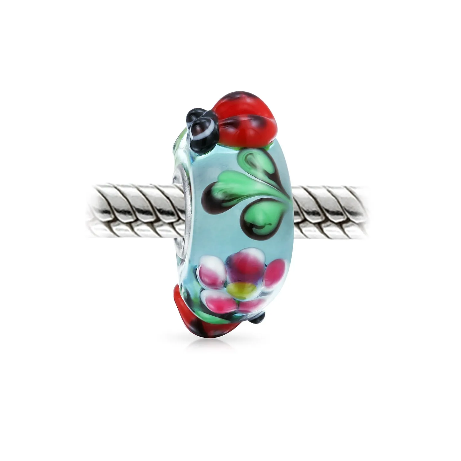 Ladybug Bee Insect Flower Lampwork Murano Glass Bead Charm Silver