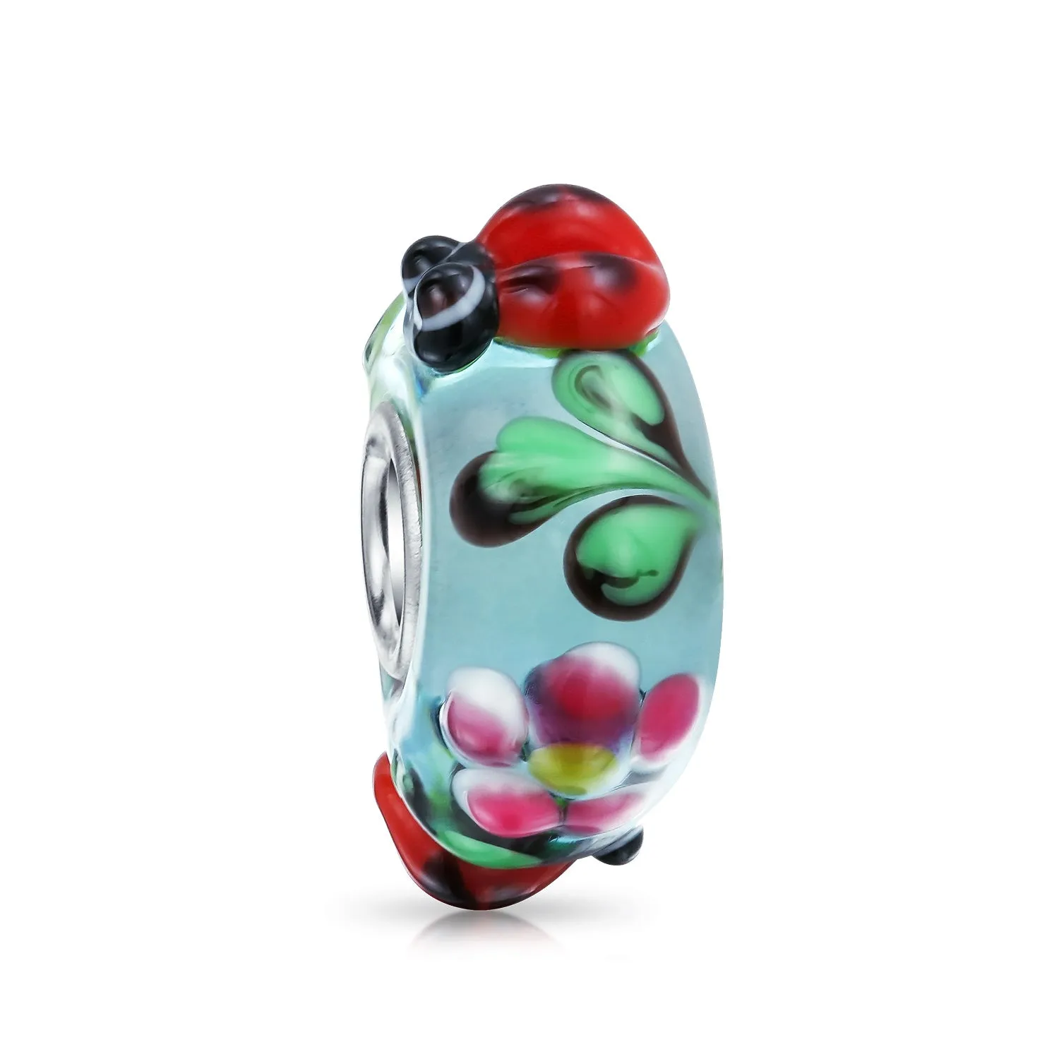 Ladybug Bee Insect Flower Lampwork Murano Glass Bead Charm Silver