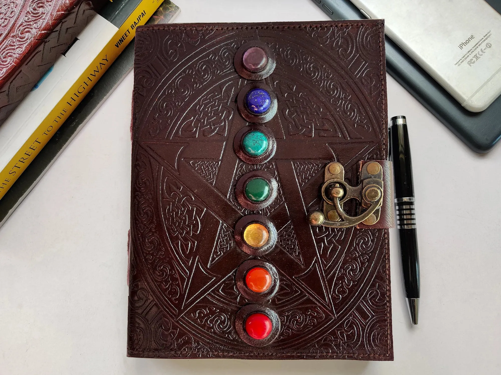 Leather Bound Journal - Vintage 7 Stone Journal with Lock - Book of Shadow Handmade Antique Deckle Edge Paper