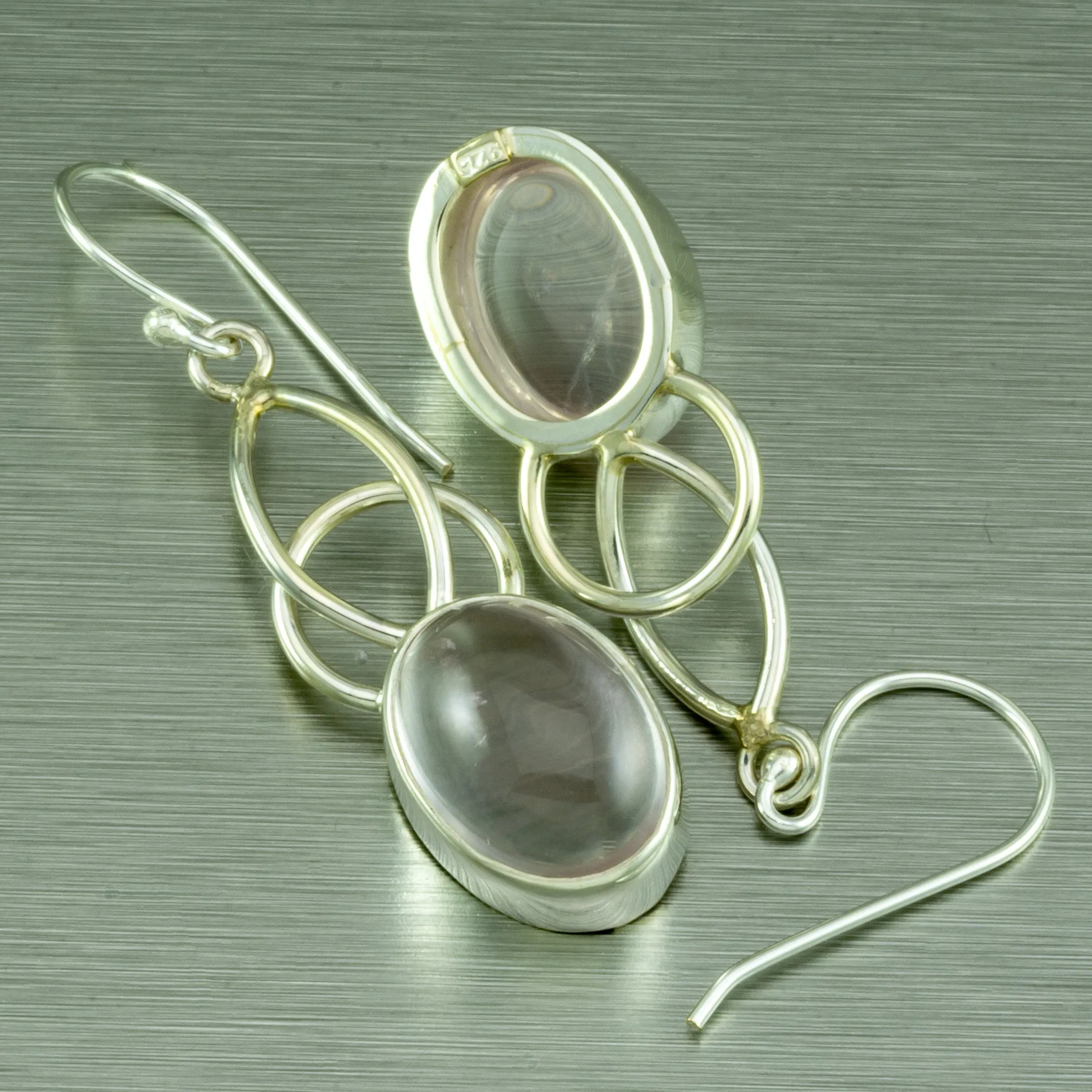 Long Rose Quartz Earrings, 925 Sterling Silver