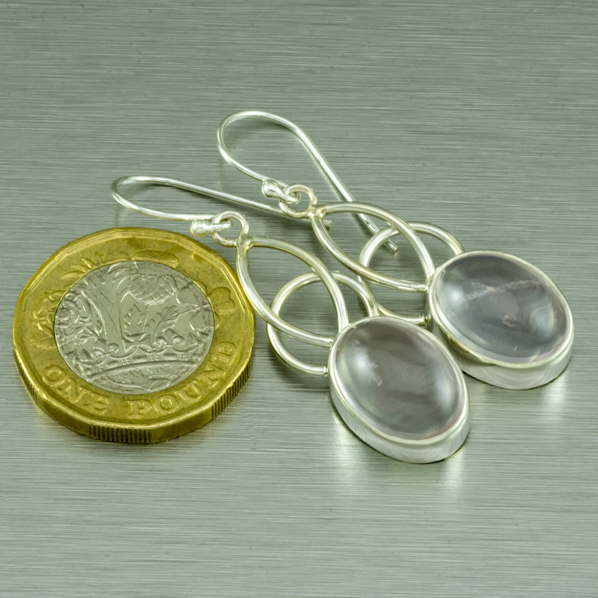 Long Rose Quartz Earrings, 925 Sterling Silver