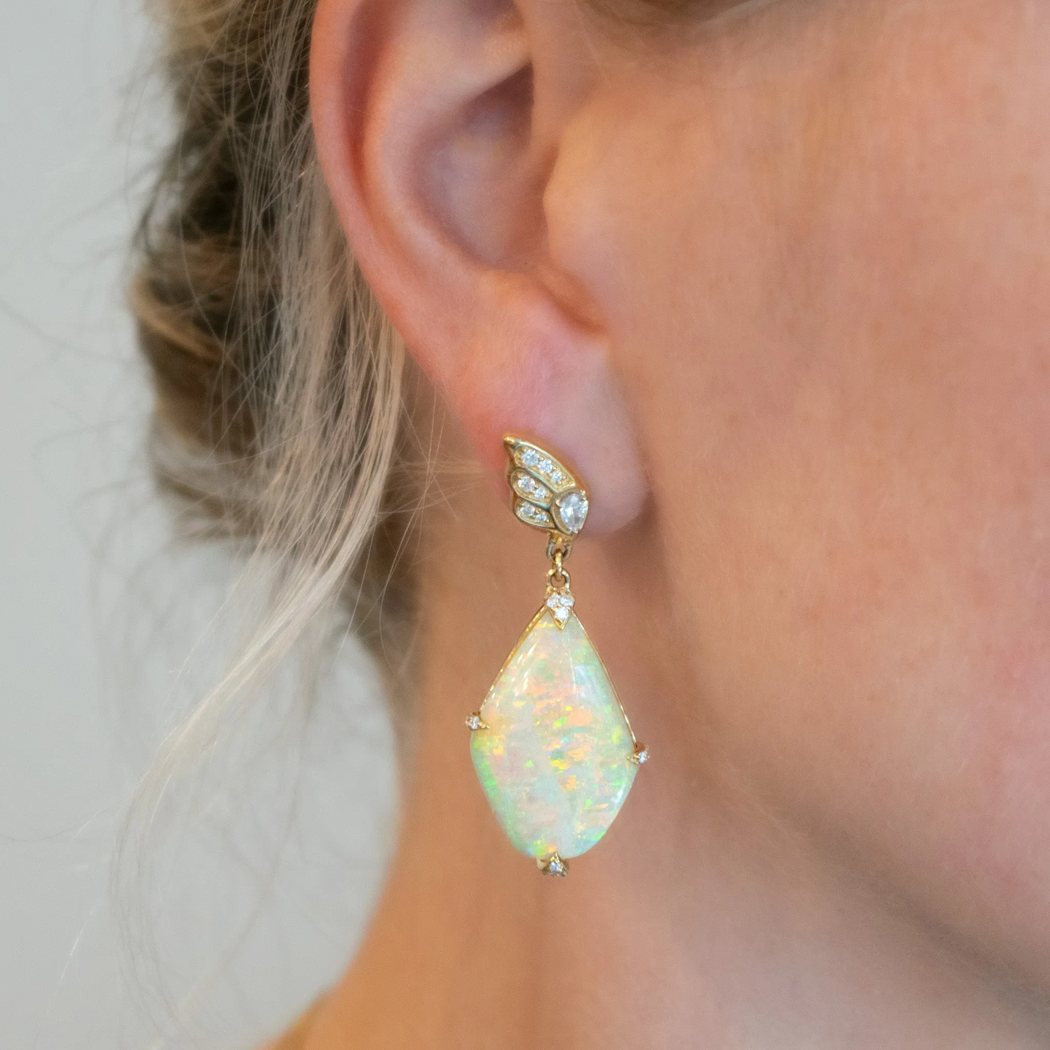 One of a Kind Australian Crystal Opal and Diamond Butterfly Earrings