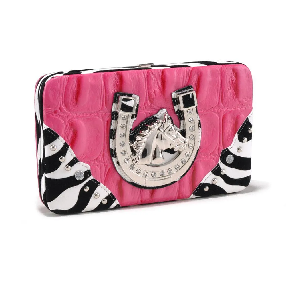 Pattern Embossed Wallet with Zebra Trim and Western Emblem