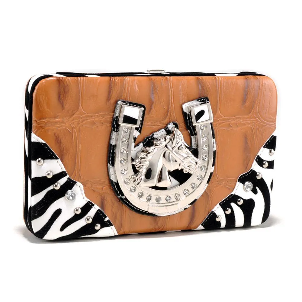 Pattern Embossed Wallet with Zebra Trim and Western Emblem