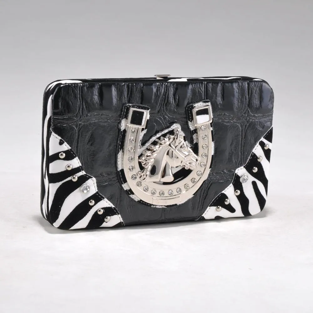 Pattern Embossed Wallet with Zebra Trim and Western Emblem