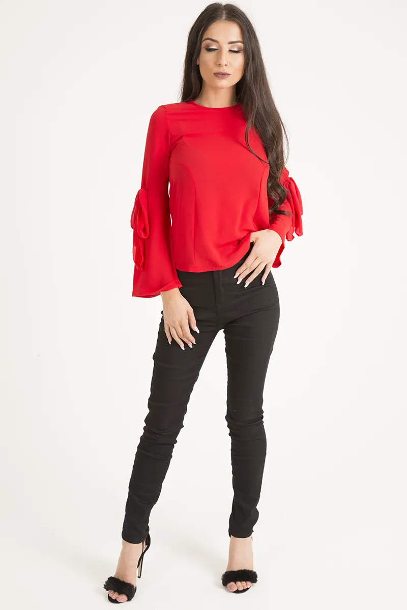 Red Flared Tied Sleeve Top - Birdie