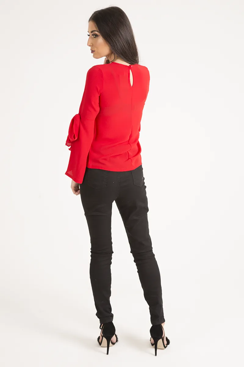 Red Flared Tied Sleeve Top - Birdie