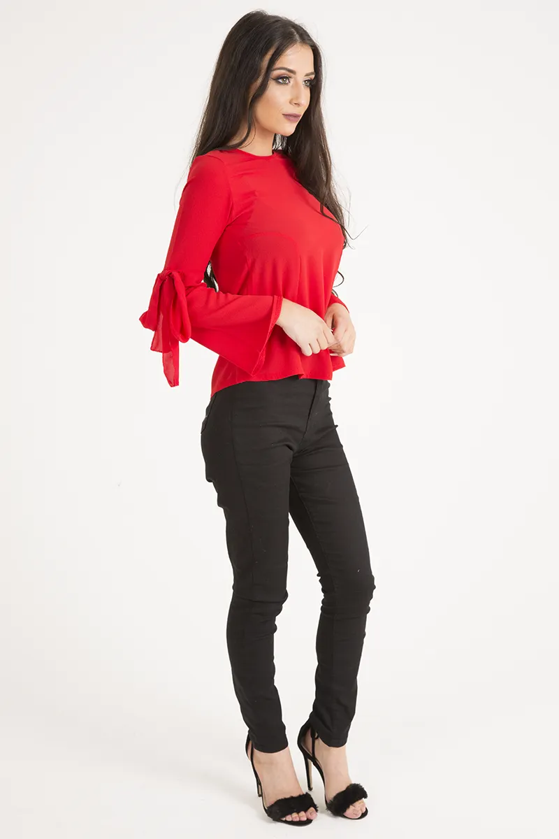 Red Flared Tied Sleeve Top - Birdie