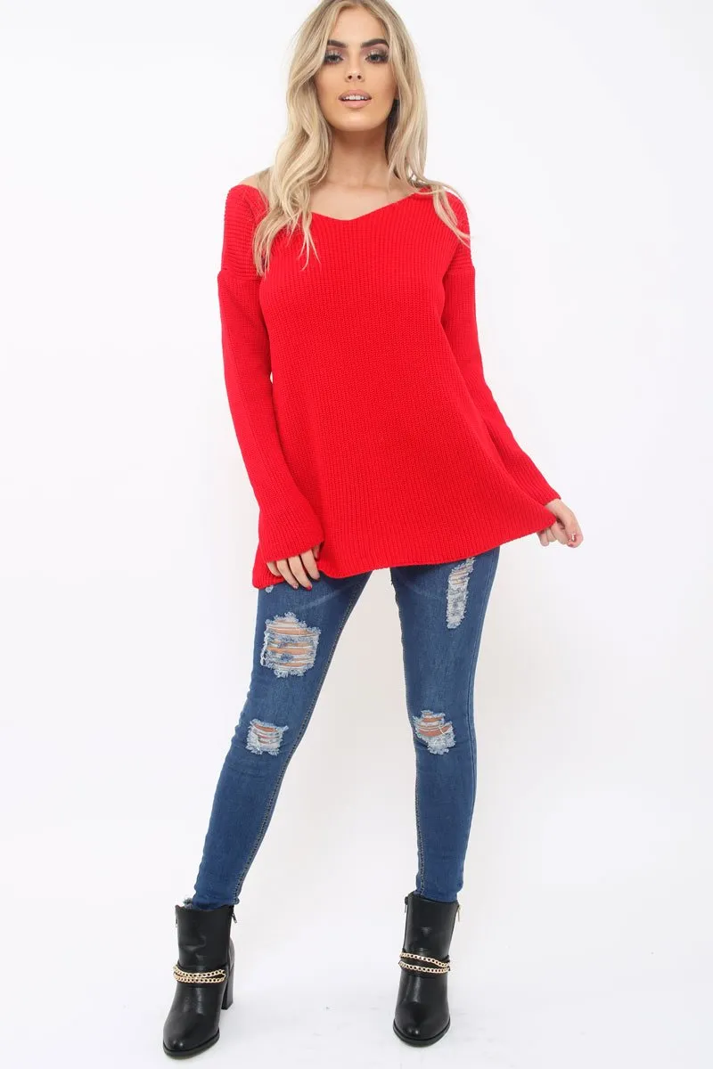 Red Knitted Jumper with Bow Back - Oliviah