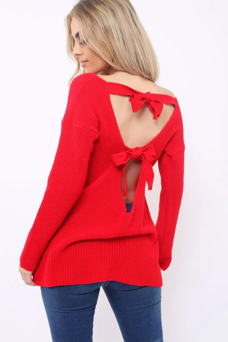 Red Knitted Jumper with Bow Back - Oliviah