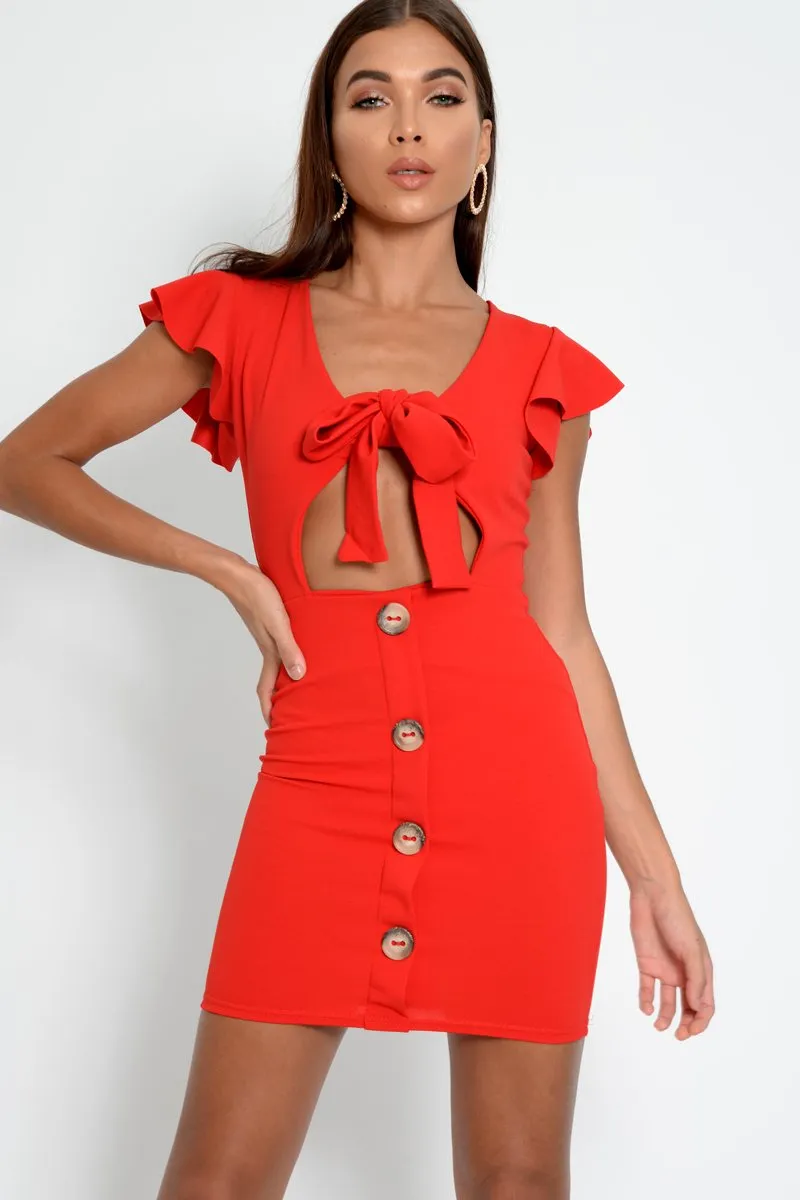 Red Tie Button Front Bodycon Dress - Aaira