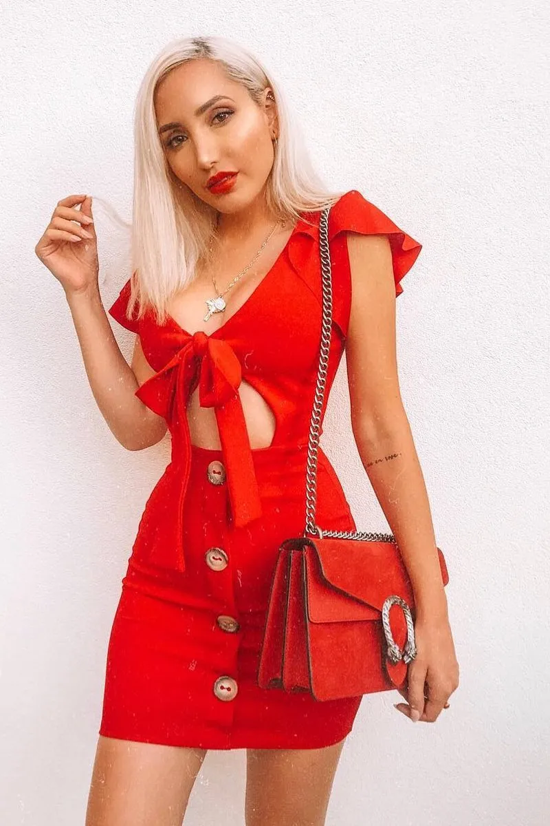 Red Tie Button Front Bodycon Dress - Aaira