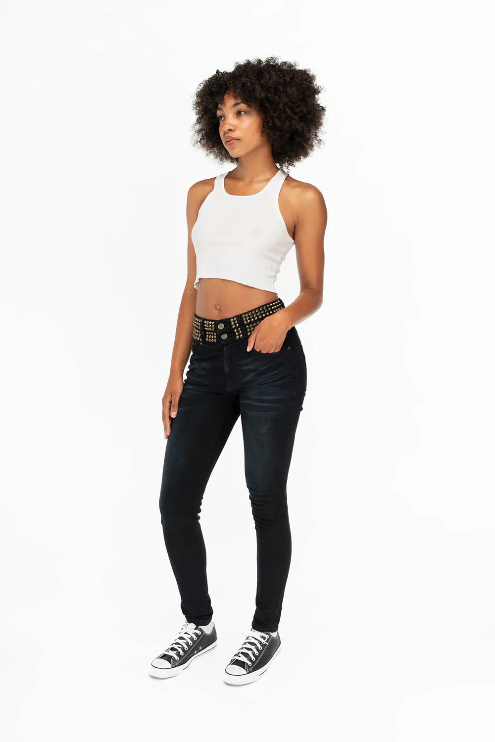 ROBIN'S DOUBLE WAIST SKINNY WITH SPIKES IN F-UP BLACK