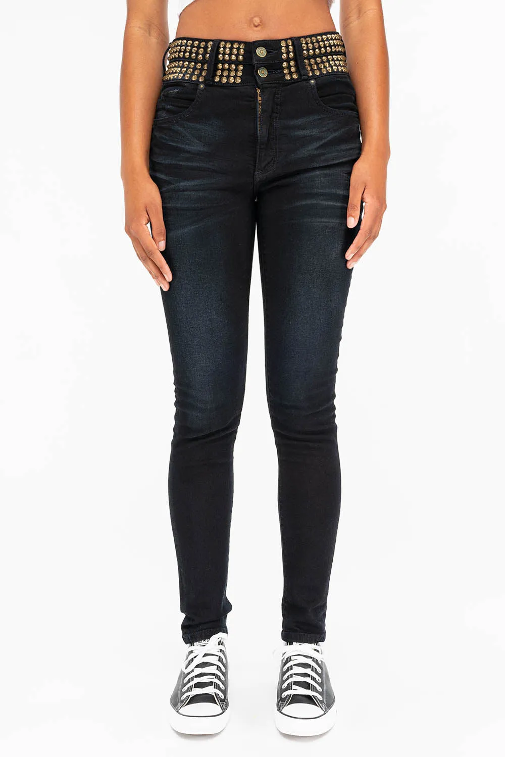 ROBIN'S DOUBLE WAIST SKINNY WITH SPIKES IN F-UP BLACK