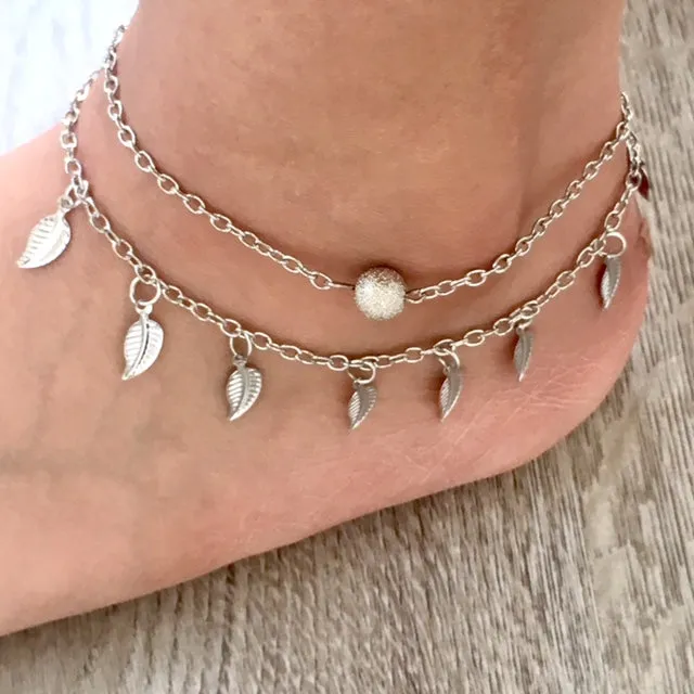 SILVER MULTI LAYER BOHO ANKLET / ANKLE BRACELET WITH LEAF AND BALL DESIGN