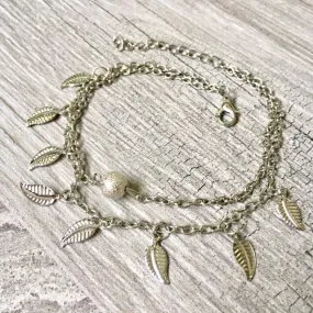 SILVER MULTI LAYER BOHO ANKLET / ANKLE BRACELET WITH LEAF AND BALL DESIGN