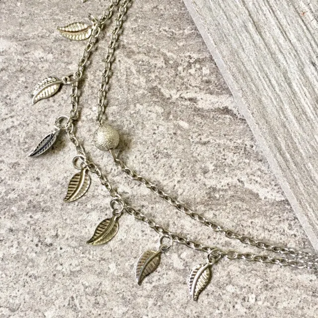 SILVER MULTI LAYER BOHO ANKLET / ANKLE BRACELET WITH LEAF AND BALL DESIGN