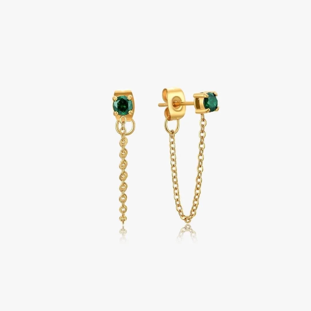 Single Gem Chain Gold Earrings