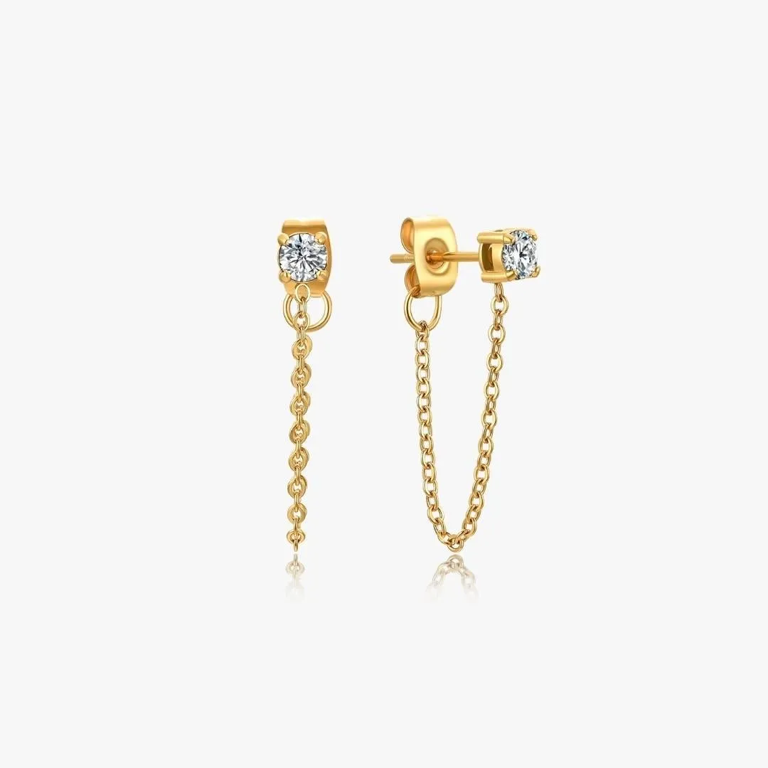 Single Gem Chain Gold Earrings