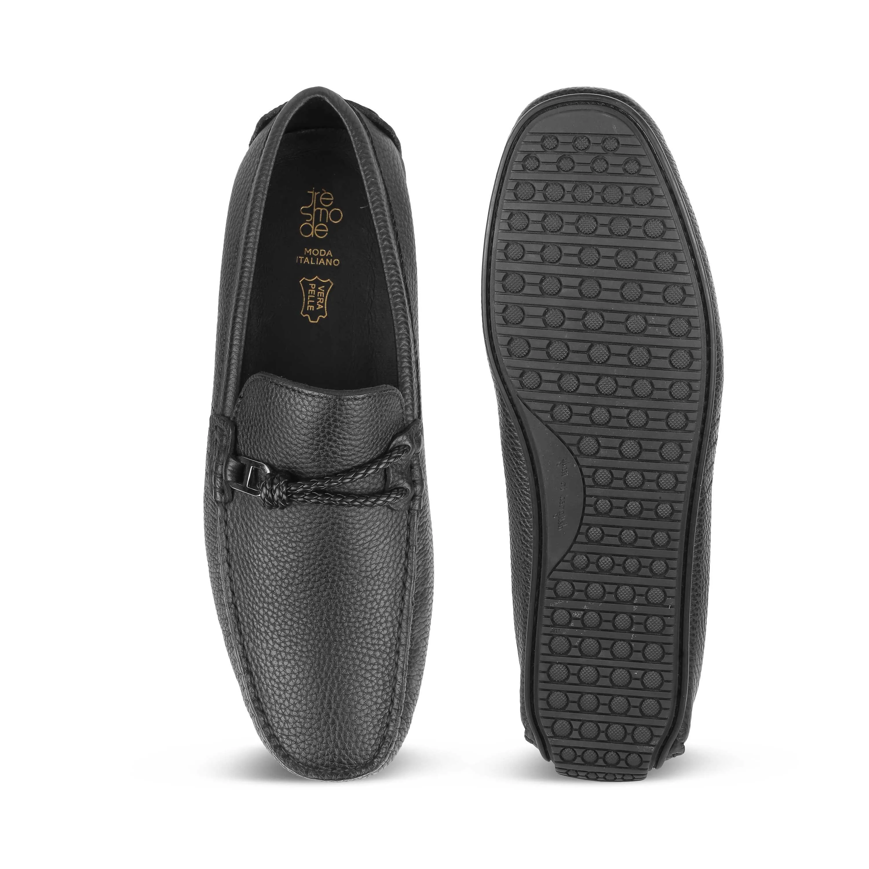 Tresmode Monoc Black Men's Leather Driving Loafers