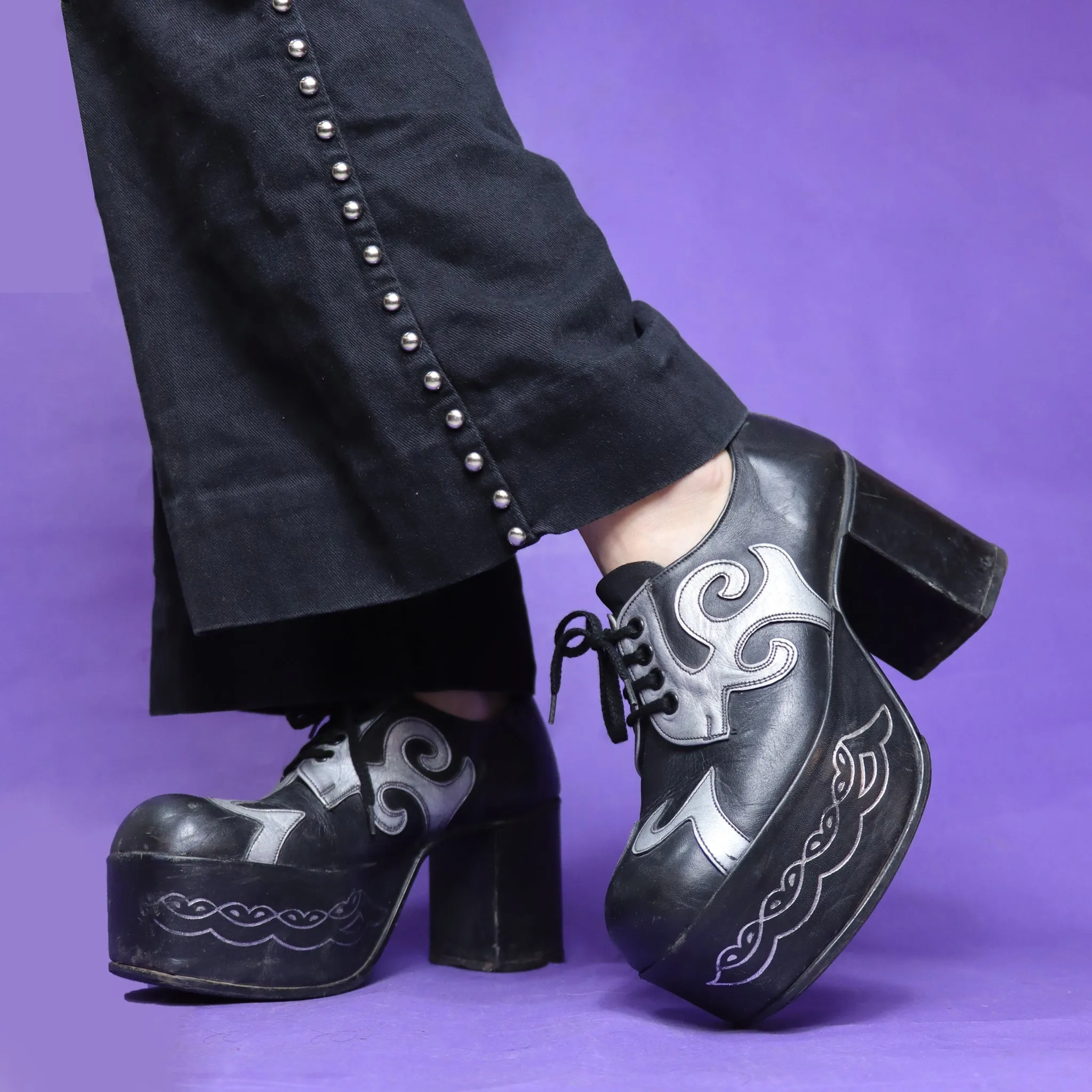 Vintage 1970s Black And Silver Platform Shoes