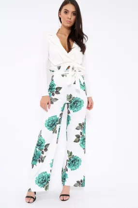 White and Green Floral Paper Bag Tie Waist Wide Leg Trousers - Kennedy