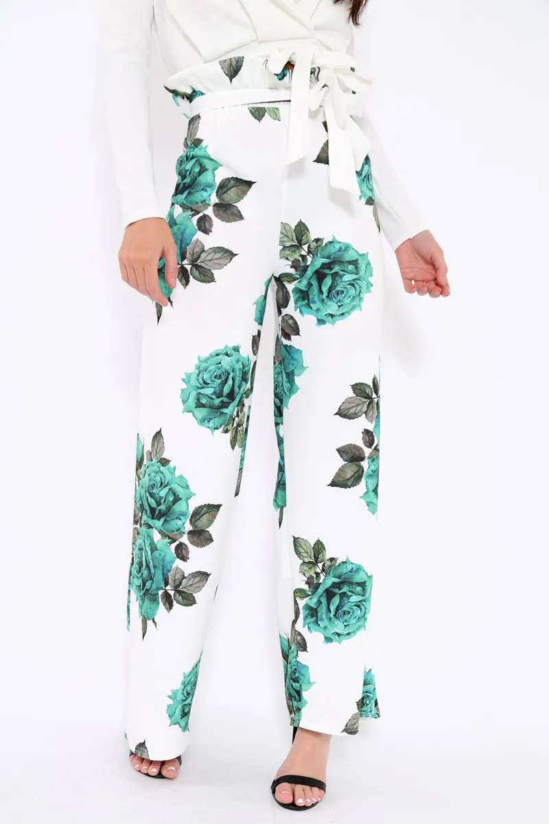 White and Green Floral Paper Bag Tie Waist Wide Leg Trousers - Kennedy