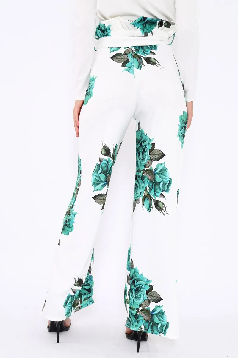 White and Green Floral Paper Bag Tie Waist Wide Leg Trousers - Kennedy