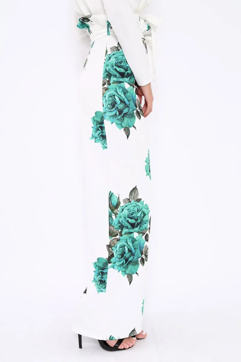 White and Green Floral Paper Bag Tie Waist Wide Leg Trousers - Kennedy