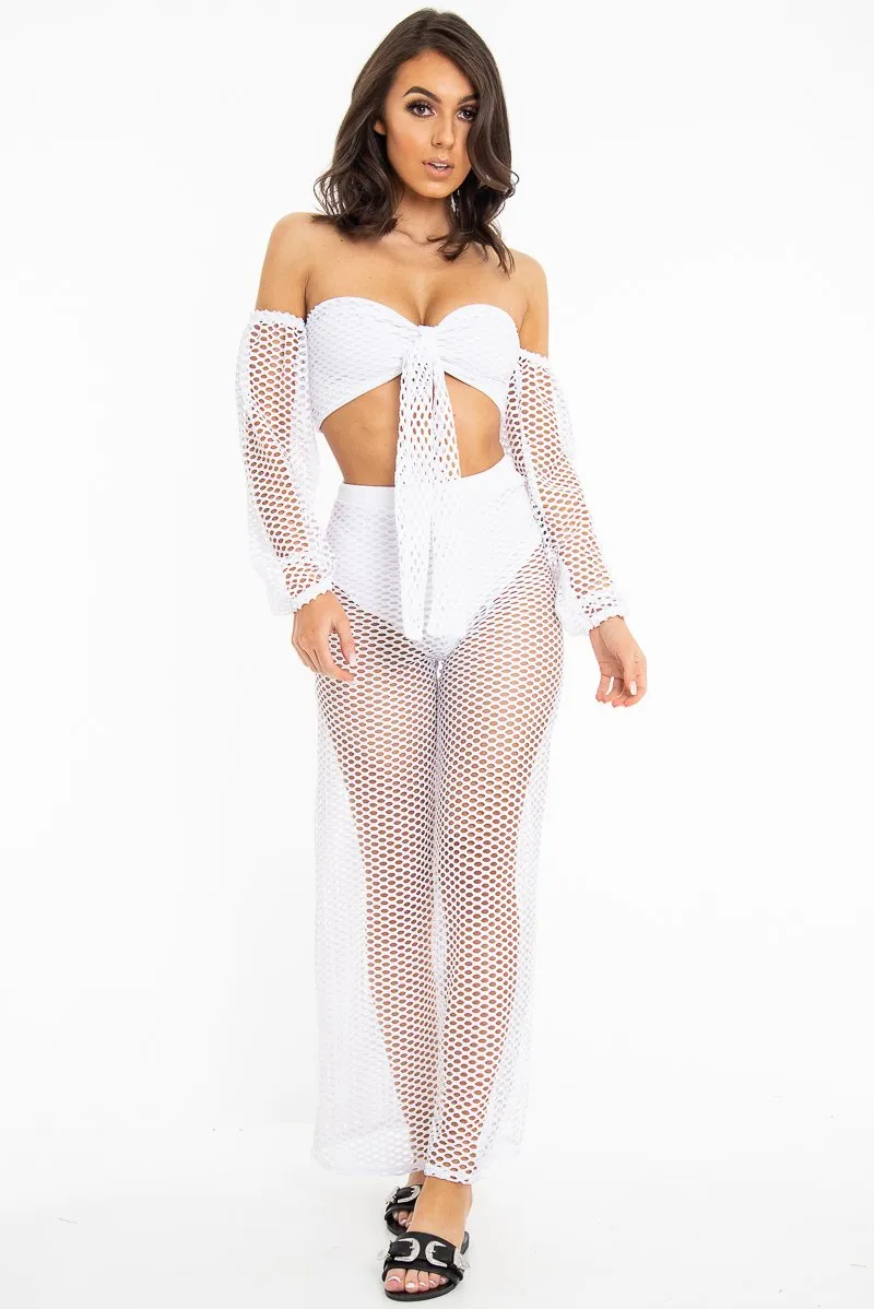 White Fish Net Crop Tie Top and Trousers Co-ord - Misa