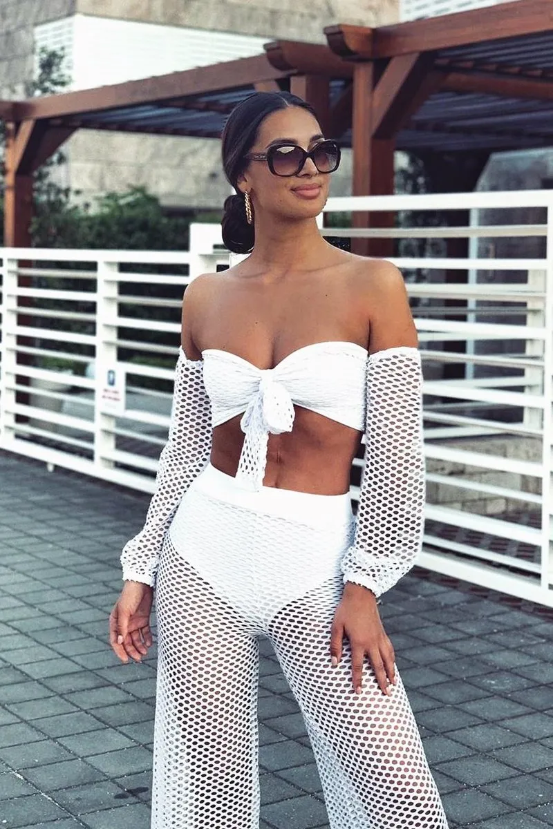 White Fish Net Crop Tie Top and Trousers Co-ord - Misa