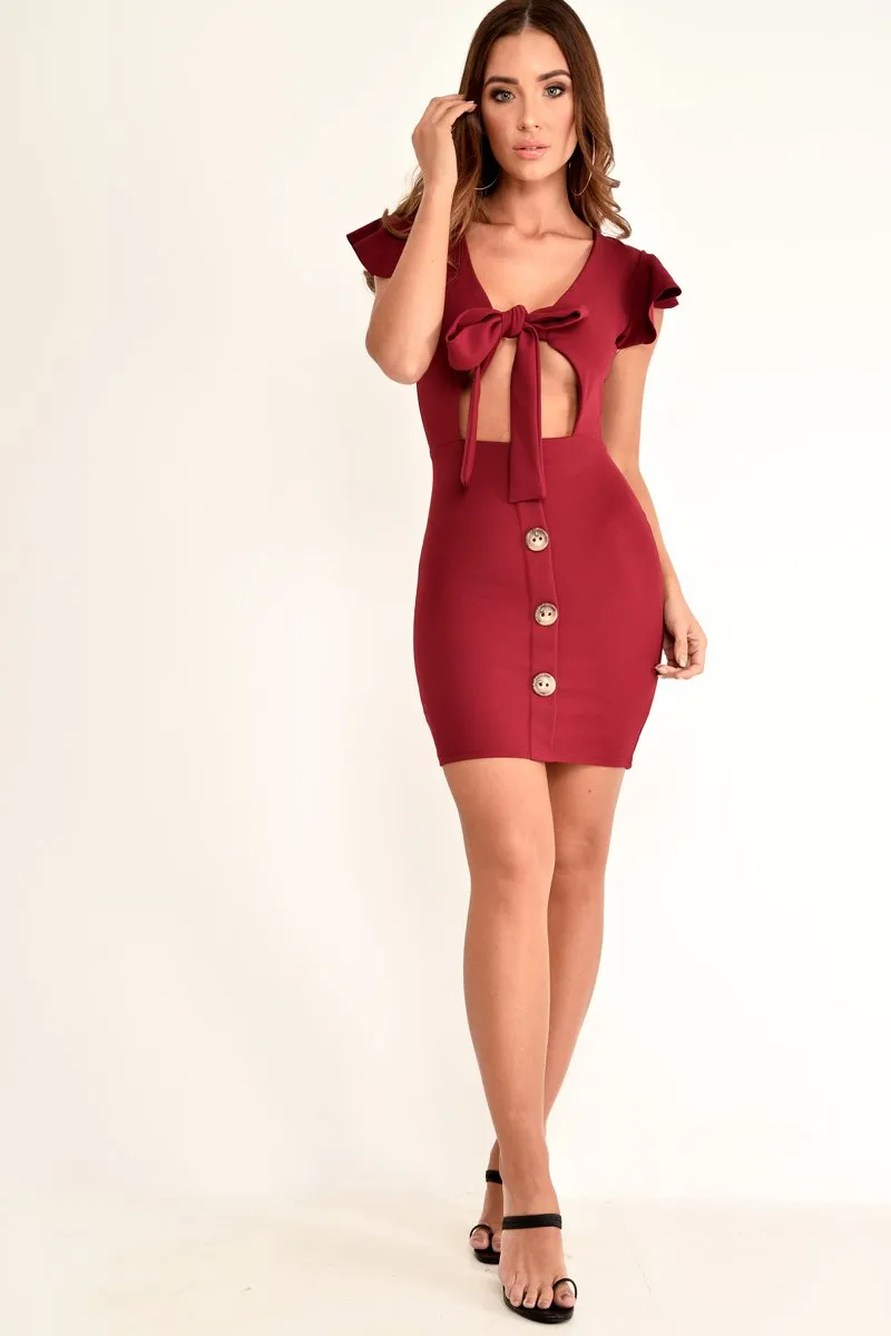 Wine Tie Button Front Bodycon Dress - Aaira