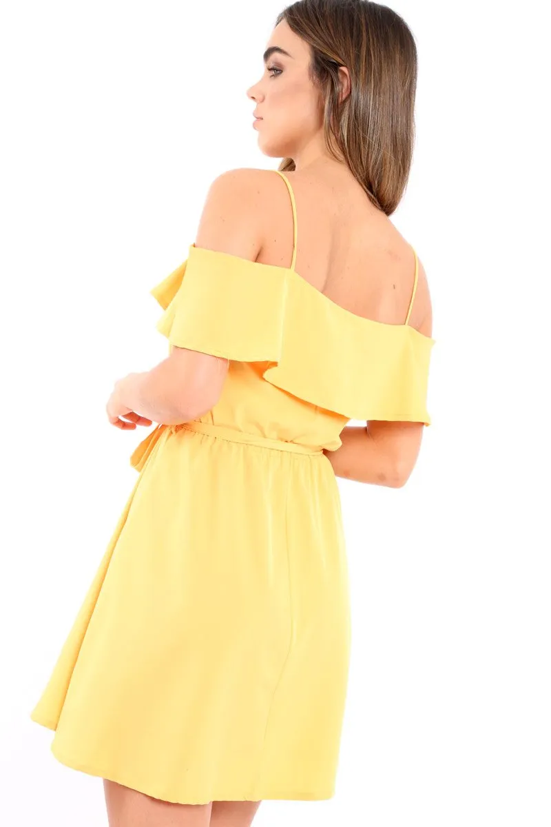 Yellow Cold Shoulder Frill Tie Waist Dress - Selah