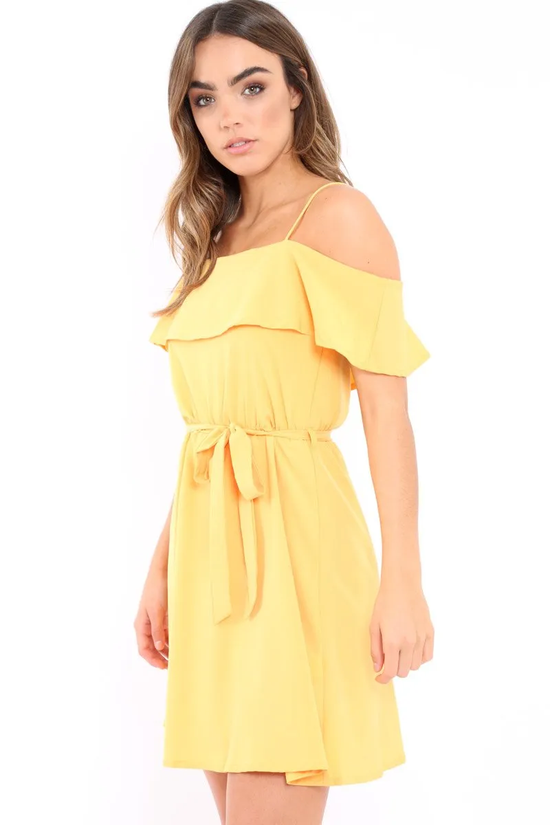 Yellow Cold Shoulder Frill Tie Waist Dress - Selah