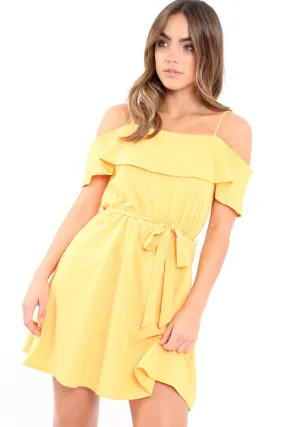 Yellow Cold Shoulder Frill Tie Waist Dress - Selah