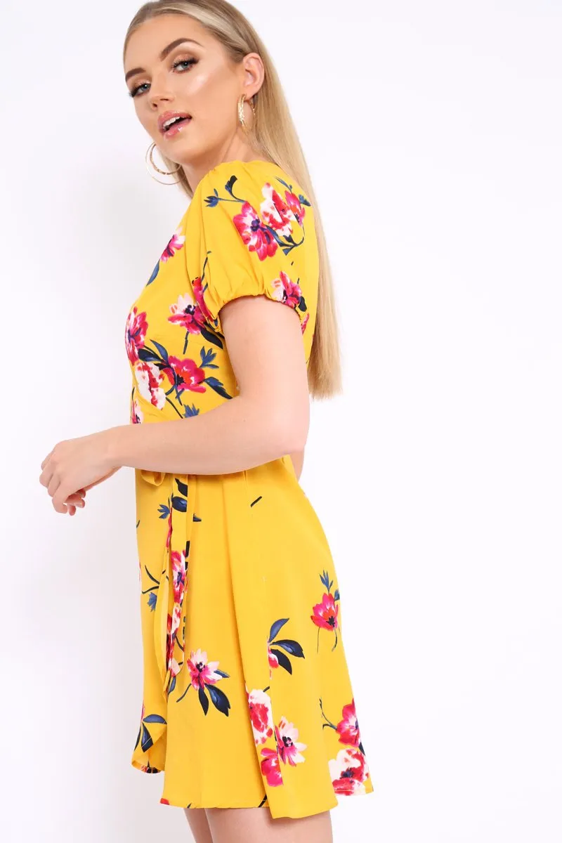 Yellow Floral Wrap Dress with Puff Sleeves - Phenix