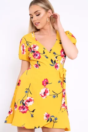 Yellow Floral Wrap Dress with Puff Sleeves - Phenix