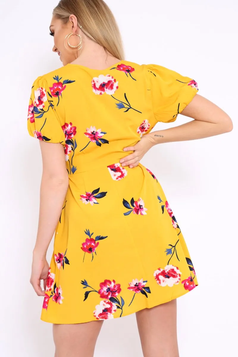 Yellow Floral Wrap Dress with Puff Sleeves - Phenix