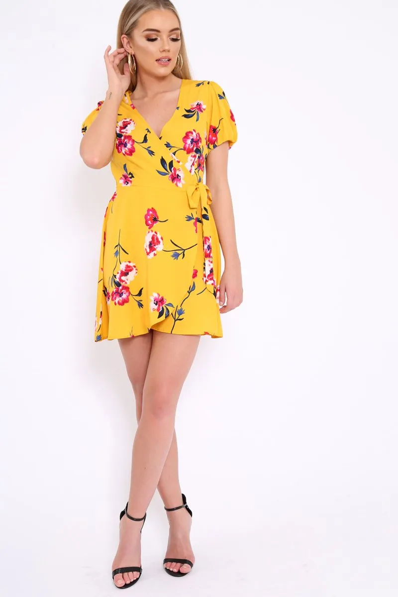 Yellow Floral Wrap Dress with Puff Sleeves - Phenix