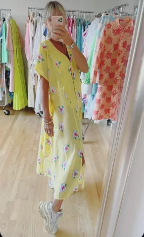 Yellow Semi Sheer Floral Print Dress