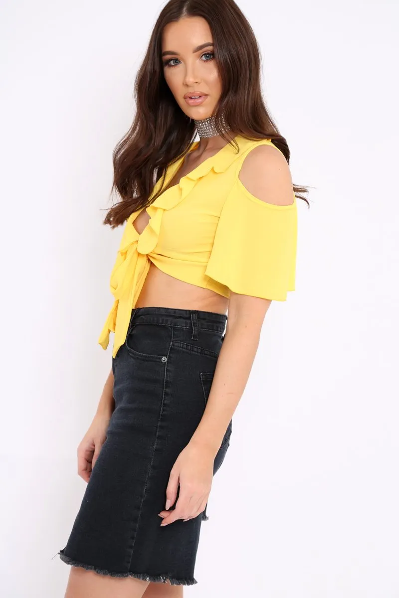 Yellow Tie Front Cold Shoulder Crepe Crop Top - Dalia