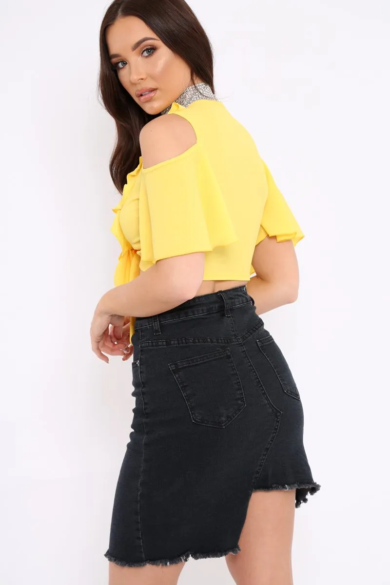 Yellow Tie Front Cold Shoulder Crepe Crop Top - Dalia