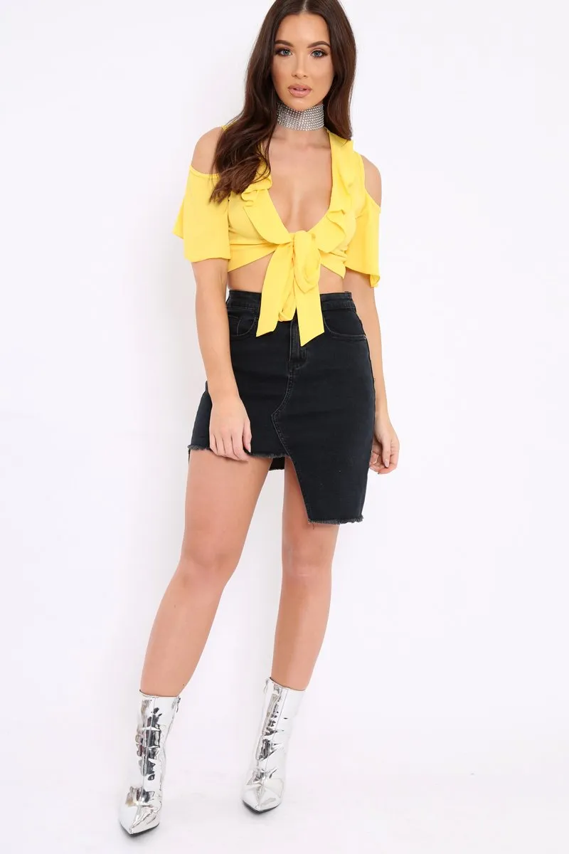 Yellow Tie Front Cold Shoulder Crepe Crop Top - Dalia