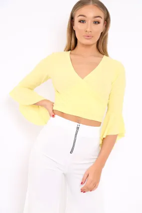 Yellow Wrap Tie Frill Flare Cuff Summer Crop Top - Isaac