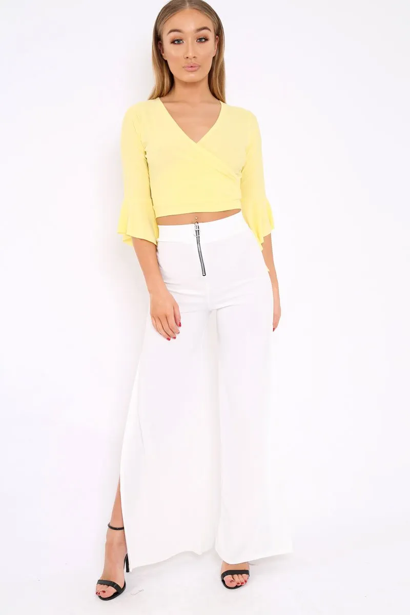 Yellow Wrap Tie Frill Flare Cuff Summer Crop Top - Isaac